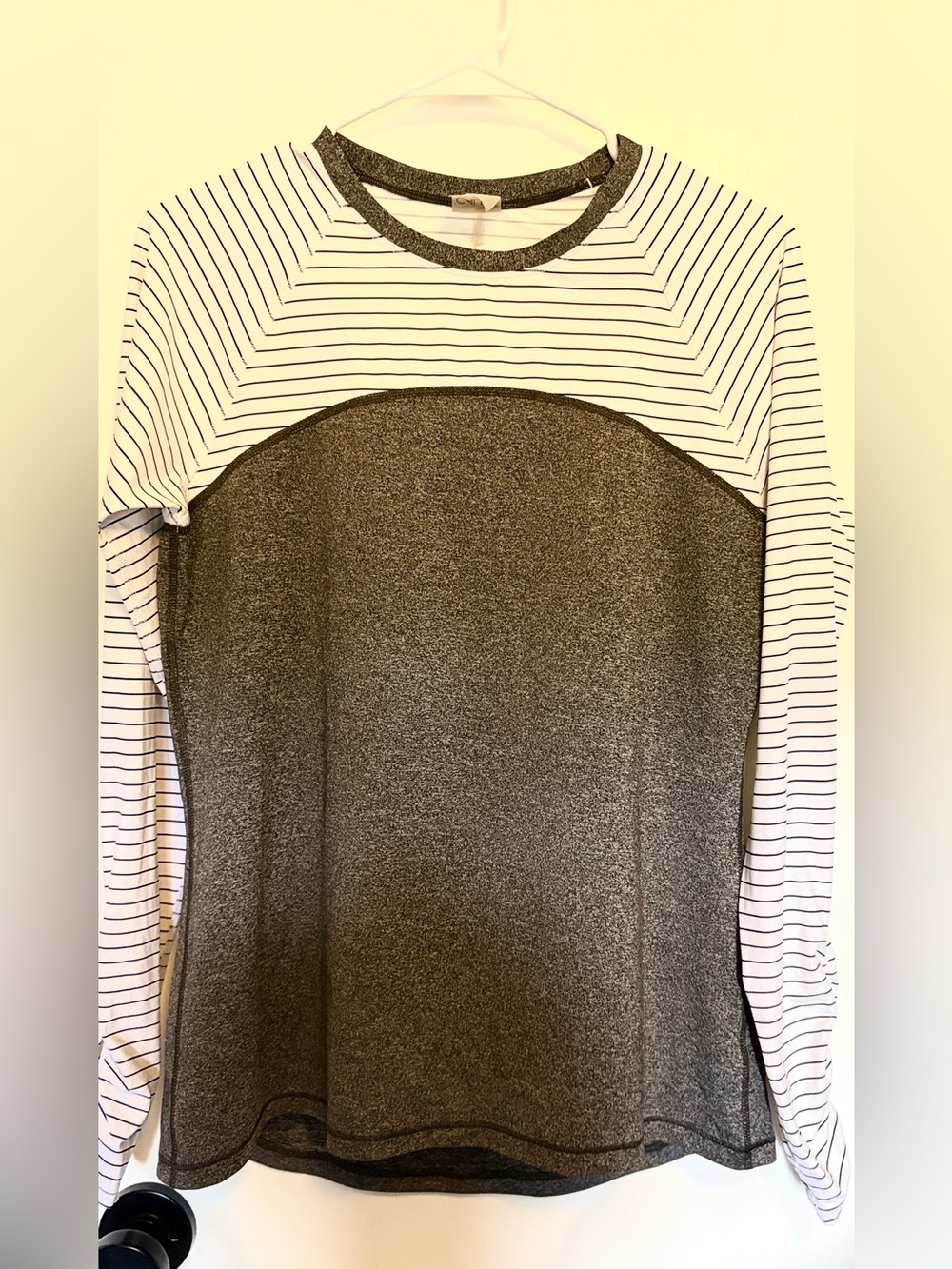 CALIA by Carrie Underwood White & Charcoal Striped Yoke Long-Sleeve Top